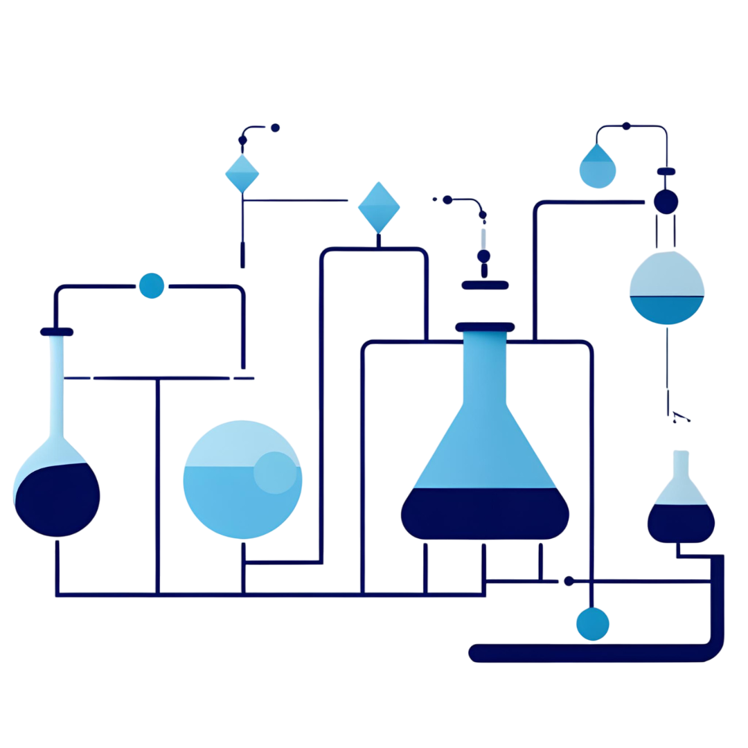 Blue and white illustration of a laboratory, symbolizing Hydrolyz's tailored product development and research capabilities.