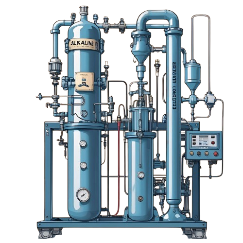 Blue and white industrial water treatment system designed for efficient green hydrogen production using alkaline electrolyzers.