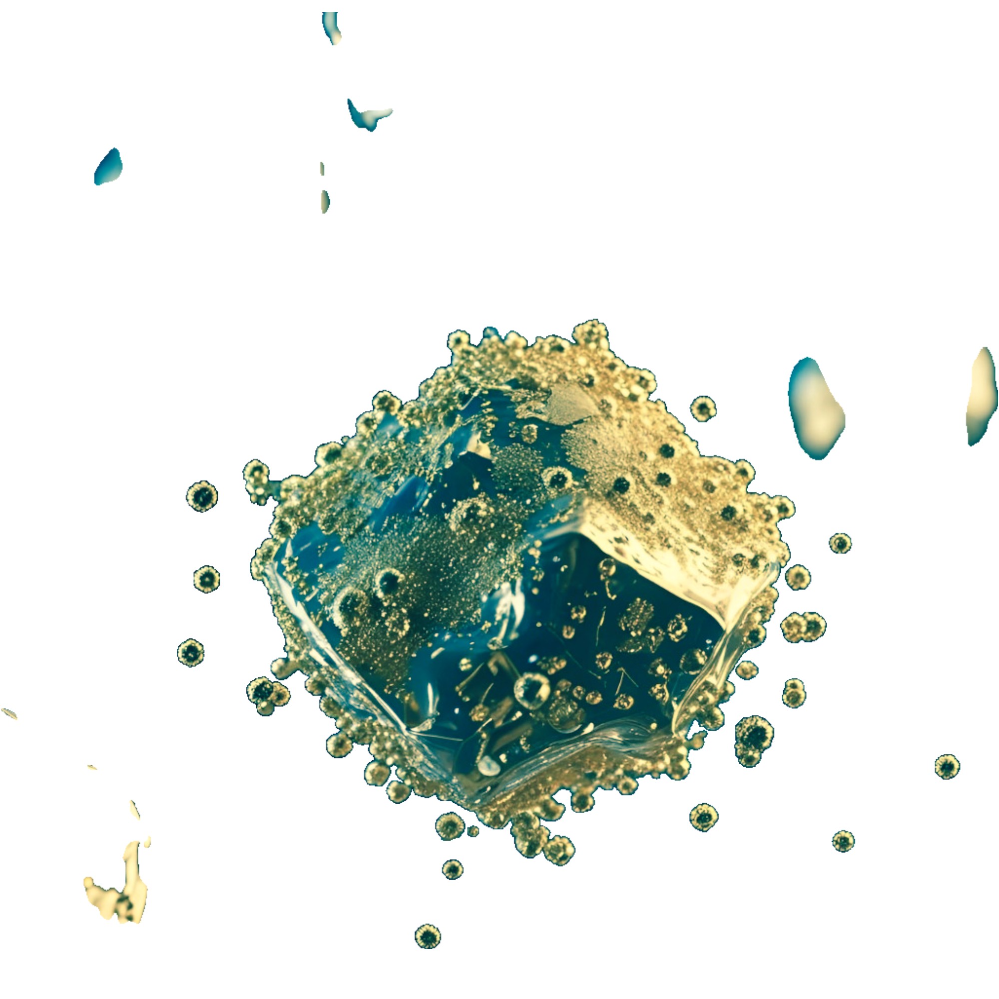 Floating gold particles in a 3D rendering, representing advanced technology for eco-friendly gold extraction from e-waste.