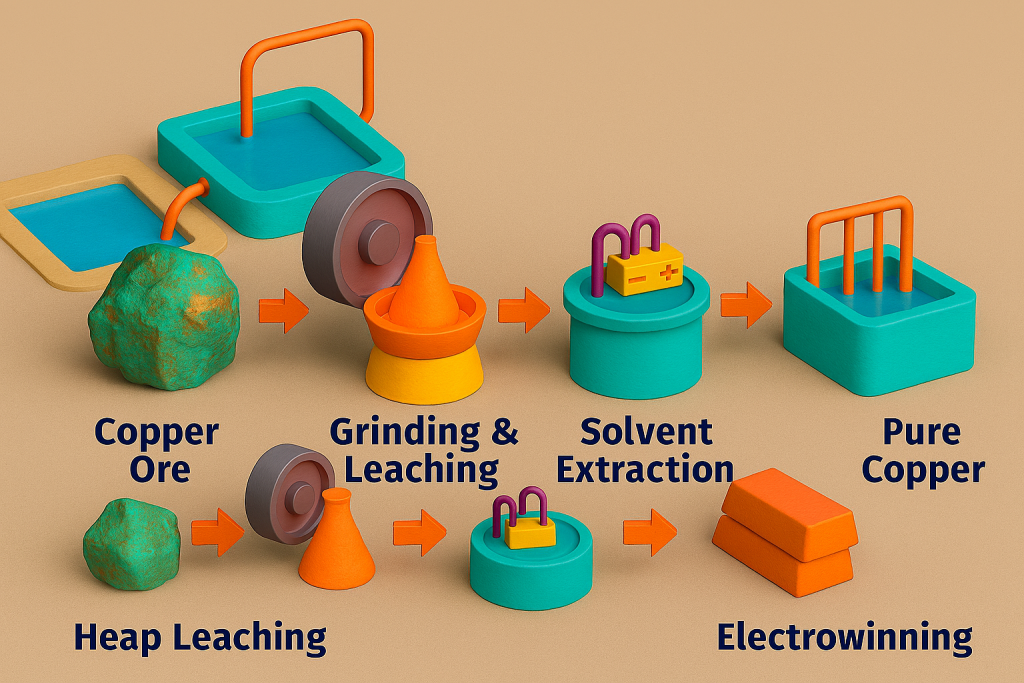 3D schematic illustration of copper extraction showing stages: copper ore, grinding and leaching, solvent extraction, and electrowinning to produce pure copper.