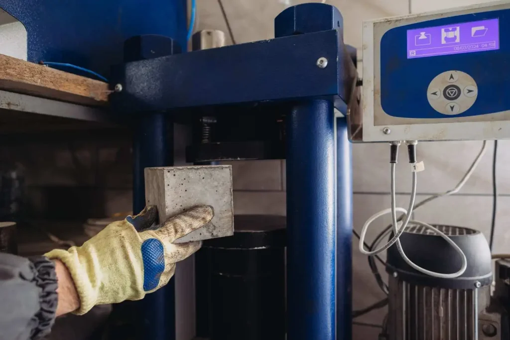 Laboratory technician placing a concrete cube into a curing chamber during metal extraction testing process by Hydrolyz