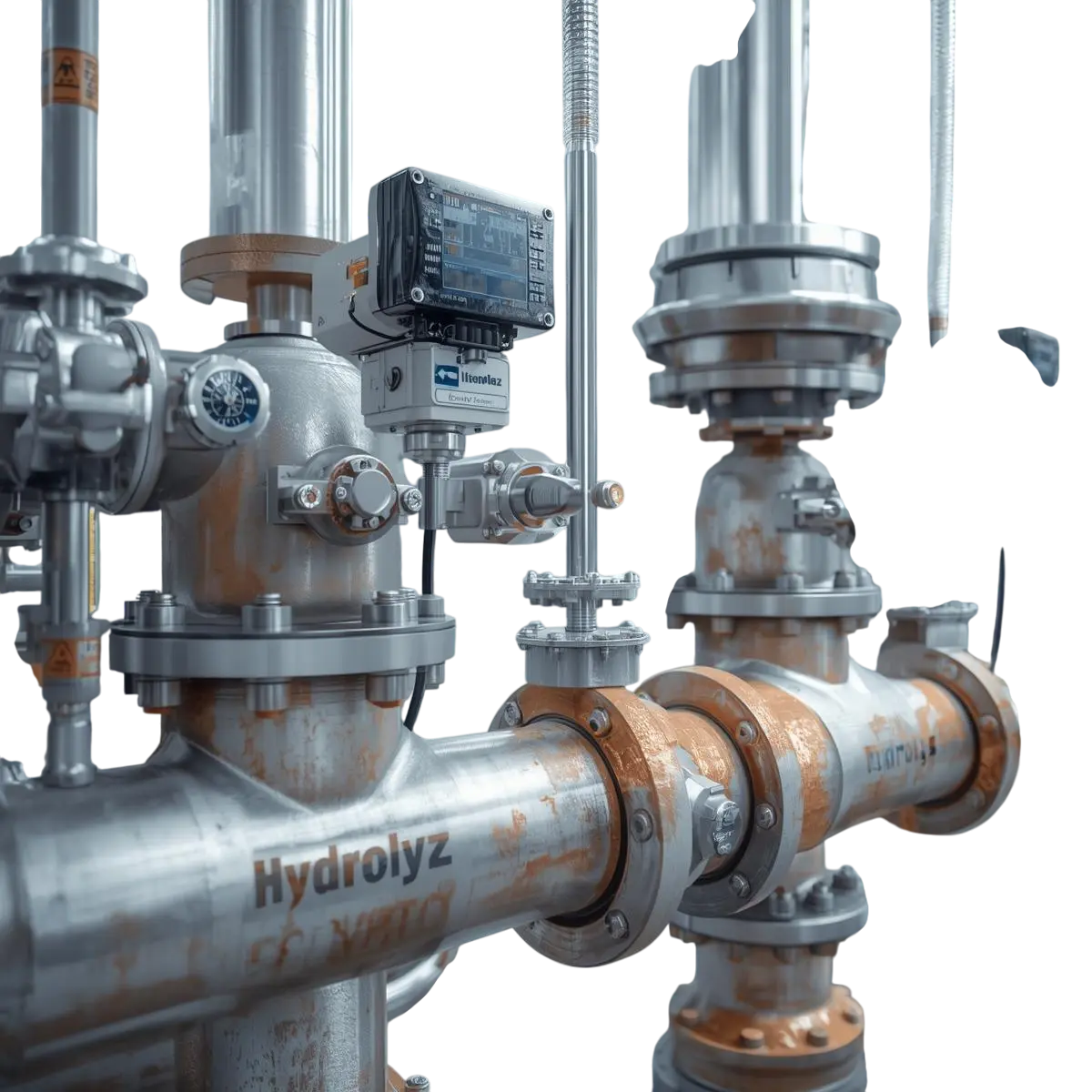 A realistic image of industrial pipes and sensors used by Hydrolyz for corrosion monitoring, testing, and protective coating applications.