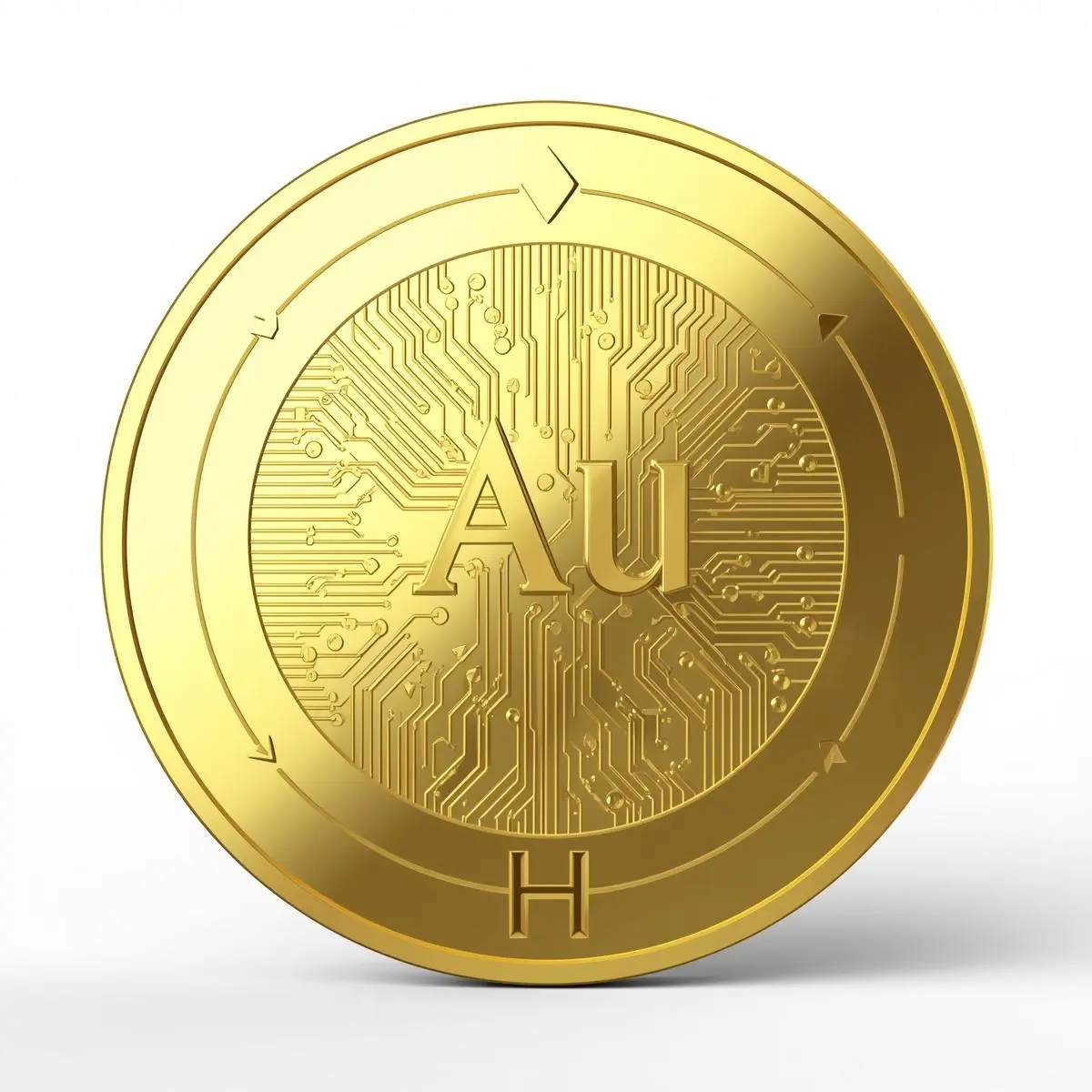 A realistic gold coin featuring the Au (Gold) symbol, circuit board patterns, and Hydrolyz branding symbolizing sustainable gold recovery from e-waste.