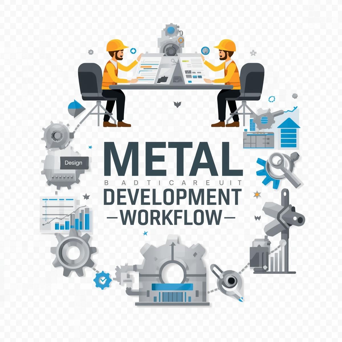 A realistic image showing engineers working on on-demand metal product development with advanced tools, metal components, and precision instruments in a modern workspace.